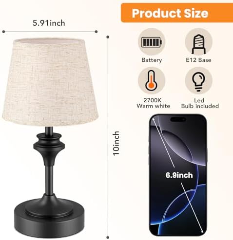NIORSUN Portables Cordless Table Lamp, 10.2" Battery Operated Lamp, Bedside Table Lamp with Warm White Color,3 Way Dimmable Touch Desk Lamp for Bedroom Living Room Restaurant Black - Image 3