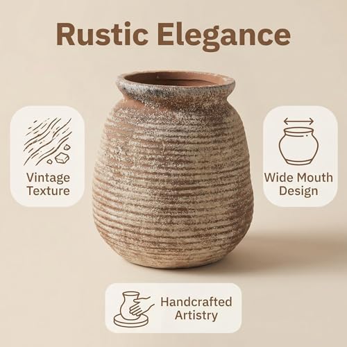 Rustic Terracotta Pot, 7 Inch Short Farmhouse Vase with Weathered Texture, Boho Home Decor for Pampas Grass, Tabletop, Mantel and Shelf Styling - Image 3