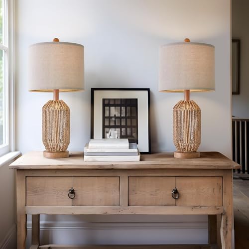 OYEARS 21" Boho Table Lamps Set of 2 for Living Room, Bedside Lamps for Nightstand, Rattan Lamp for Bedroom, Farmhouse Table Lamps for Boho Decor, End Table, Retro, Brown - Image 2