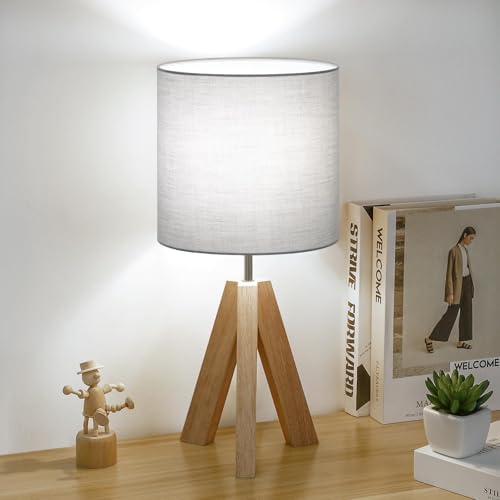 Brightever Small Bedside Table Lamp, Wooden Tripod Modern Table Lamp with Grey Linen Fabric Shade, Farmhouse Nightstand Lamp for Living Room, Bedroom, Home, Nursery, Office by Brightever