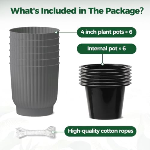 T4U Self Watering Pots for Indoor Plants, 4 Inch 6 Pack Planter Gray - Image 6