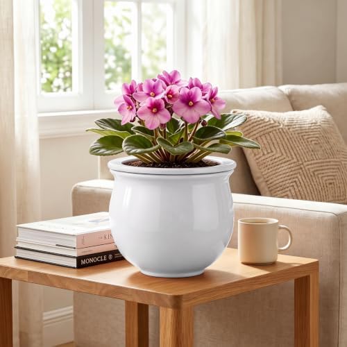 Ceramic African Violet Pot, 8 Inch Self Watering Planter, White - Image 3
