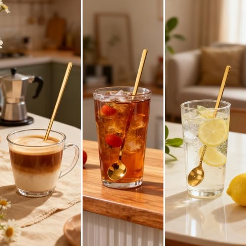 6 PCS Gold Coffee/Tea Spoon Set, 6.7 Inches Long Handle 304 Stainless Steel Espresso Spoon, Ice Tea Stirring Utensil, Durable Coffee Bar Accessory for Home and Café - Image 3