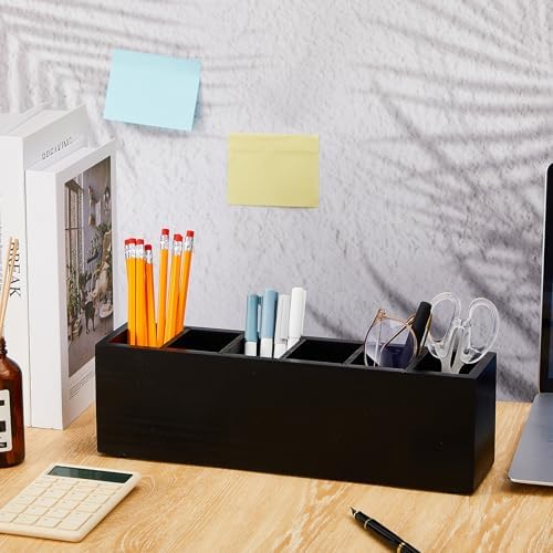 Jetec Wooden Pencil Pen Holder for Desk, Black, 6 Compartments - Image 4