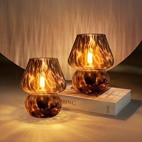 ONEWISH Mushroom Lamp Small Vintage Table Lamp for Bedroom Set of 2, Nightstand Bedside Lamp Translucent Glass Dimmable, Murano Aesthetic Home Decor for Living Room Kitchen Dorm(Black) by onewish