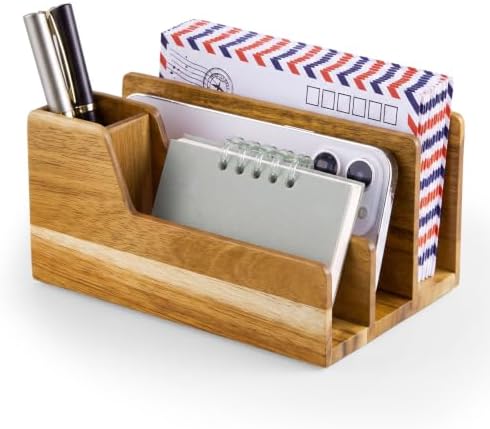 Novabright Acacia Wood Mail Organizer with Pen Holder, 4 Slot Desk File Organizer, Wooden Letter Sorter for Desk, Compact Desktop Document Holder for Home Office Storage Back to School by Unknown