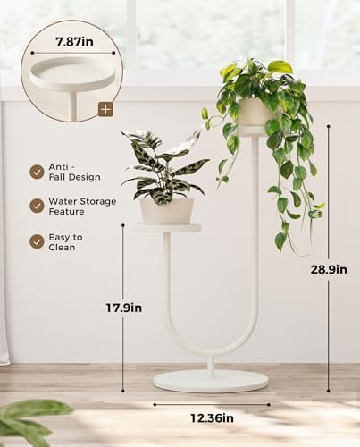 Bamworld Metal Plant Stand Indoor Corner Plant Stands 2 Tier Plant Shelf for Tall Plant Holder Black Plant Shelves for Living Room Bedroom Midcentury Modern Home Decor(White) - Image 2