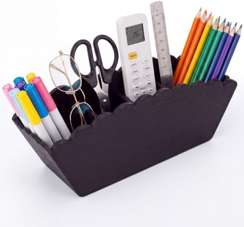 Jetec Scalloped Black Pencil Holder, 4 Compartment Wooden Desk Organizer by Jetec