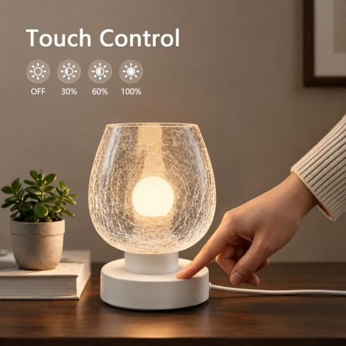 ONEWISH Touch Bedside Table Lamp for Bedroom, 3-Way Dimmable, Crackle Glass Shade, 7.5" Ultra Compact Nightstand Lamp, Warm White 2700K LED Bulb Included, Modern Design(Crack Pattarn) - Image 2