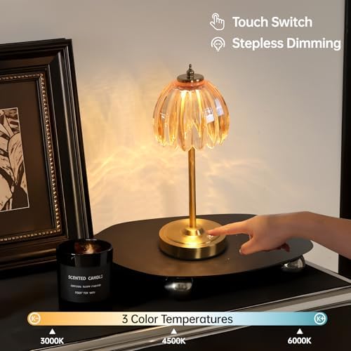 Shenmoyl Tulip Table Lamp with 5000mAh Battery & Touch Control, Cordless Table Lamp with 3 Colors, Dimmable Rechargeable Table Lamps for Bedroom, Nightstands, Living Room, Entryways (Amber Tulip) - Image 3