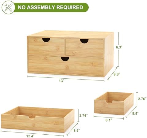 Bamboo Desk Drawer Organizer, Large Desktop Organizer with Drawers Tabletop Storage Organization Box for Office Home Toiletries Supplies Vanity, No Assembly Required (L-3 Drawers) - Image 3