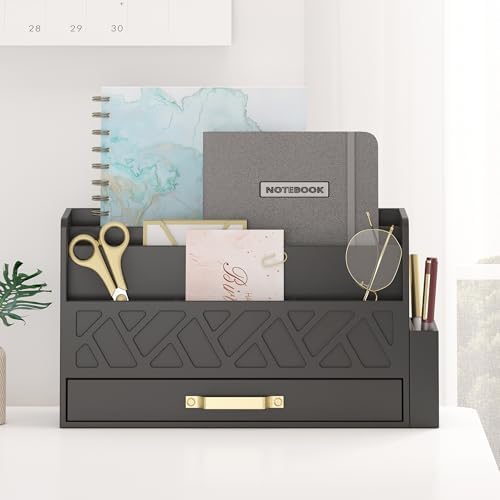 Wisuce Bamboo Mail Organizer Countertop with Drawer and Pen Holder, Black by WisuceHome