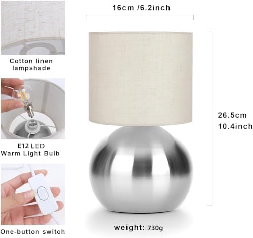 Modern Silvery Small Table Lamp with Cotton Linen Shade, 6.2×6.2×10.4 inch LED Desk Light, One-Button Switch for Bedroom, Living Room, Nightstand, Includes Warm Light Bulb - Image 6