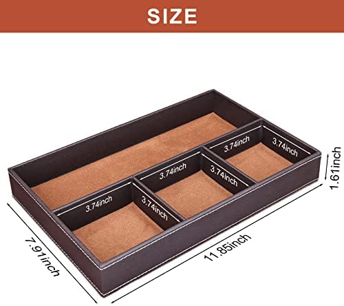 GORESE 2 Pieces Faux Leather Valet Tray for Men, Stackable Jewelry Trays for Drawers, Mens Dresser Top Organizer for Key, Wallet, Sunglass, Watch, Coin, Phone, Nightstand Bedside Tray Brown - Image 3