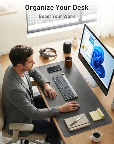 Aothia Faux Leather Desk Mat - Non-Slip PU Leather Desk Blotter, Waterproof Writing Surface, Large Desk Pad for Office & Home (Grey, 55" x 24") - Image 3