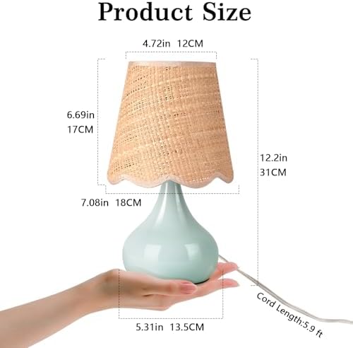 Light Blue Boho Small Table Lamp for Small Spaces, Small Rattan Shade Bedside Lamp for Bedroom, Cute Nightstand Light for Bedside, Kitchen Counter, Bookshelf Lamp, Home Office, Living Room, Dorm - Image 2