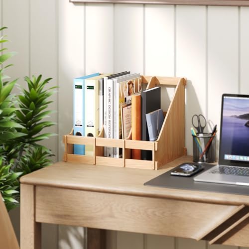 Bamboo Desk File Organizer, 3 Compartment Magazine Holder for Home Office(Nature) - Image 2