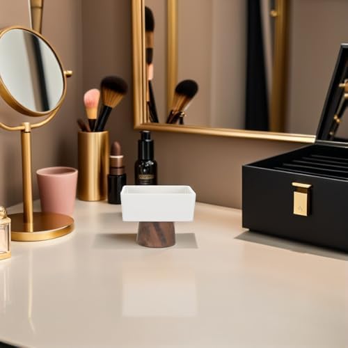 HOMSFOU White Ceramic Jewelry Tray with Wooden Base for Home Storage - Image 6