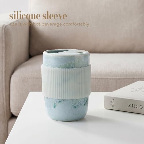 Handmade Ceramic Coffee Mug with Half Lid, 17oz Unique Tea Coffee Cup with Sip-top Lid, Sea Foam - Image 7