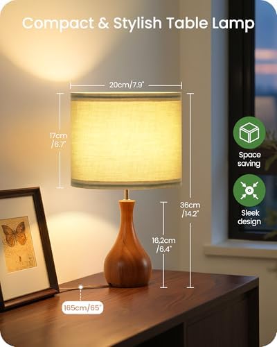 Green Table Lamp, 14.2" Small Bedside Lamp, Wood Table Lamp with Green Linen Lampshade & Dark Wood Base, Modern Nightstand Lamp for Bedroom, E26 Base, Bulb Not Included, LJ09TL05 - Image 5