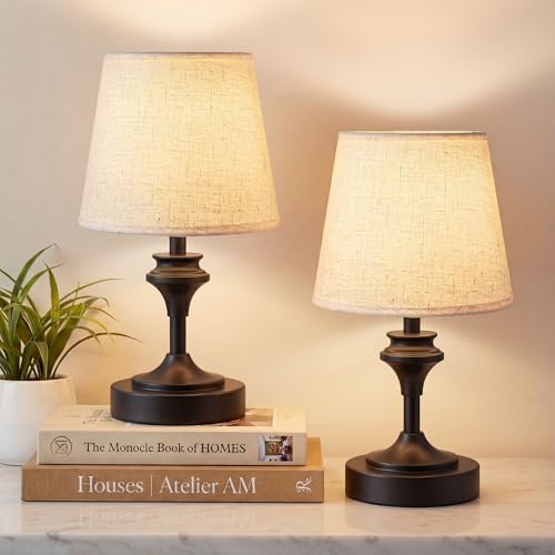 NIORSUN Portables Cordless Table Lamp Set of 2,10.2" Flaxen Fabric Shade Battery Operated Lamp,5200mAh Bedside Table Lamp with Warm White,3 Way Dimmable Touch Desk Lamp for Living Room (Black) by NIORSUN