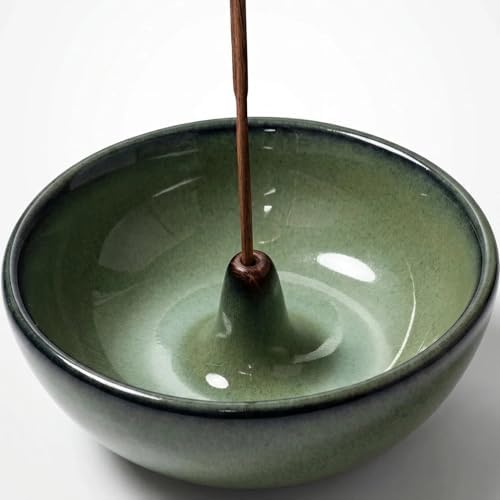 Vintage Green Ceramic Incense Holder Bowl - 3 Inch Round Incense Burner for Meditation, Home Decor, Ash Catcher with Center Hole for Thin Sticks (Green) by werdecade
