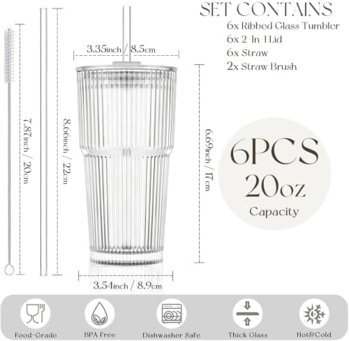 KEMORELA 20oz Ribbed Glass Tumblers with Lids and Straws, Iced Coffee Cups - Image 3