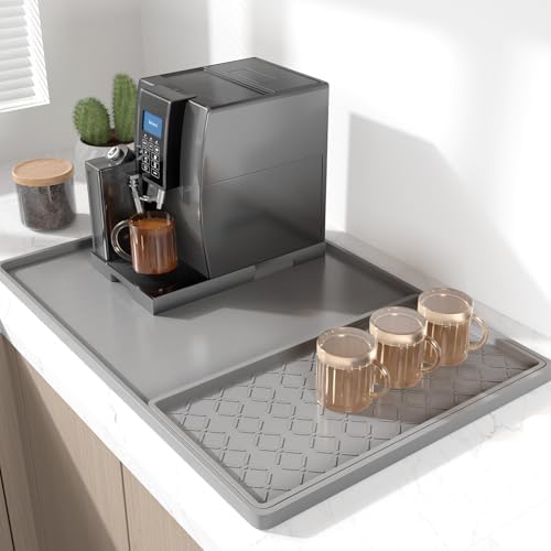 Rnivvi Silicone Coffee Mat, 16" x 24" Waterproof Raised Edge Coffee Bar Mats for Espresso Machine Station Accessories, Heat Resistant Detachable Dish Drying Pad for Kitchen Counter, Dish Rack, Gray by Rnivvi