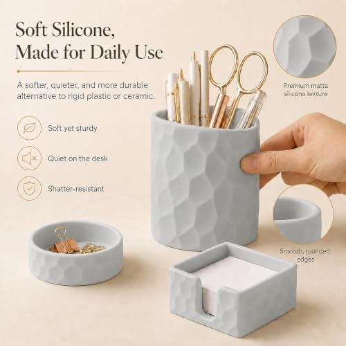 Aesthetic Geometric Silicone Desk Organizer Set of 3,Modern Office Desk Accessories with Round Pen Holder,Paperclip Tray,Sticky Note Holder,Stylish Functional Desk Decor for Home Office(Grey) - Image 5