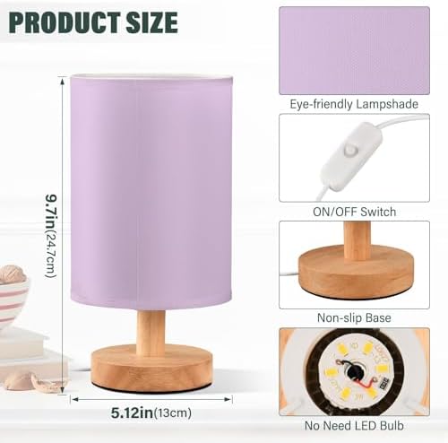 DOMIKING Light Purple Pattern Bedside Table Lamp for Bedroom Small Lamps for Nightstand Lamp with Fabric Linen Shade Bedroom Lamps for Living Room Nursery Home Office Dorm - Image 3