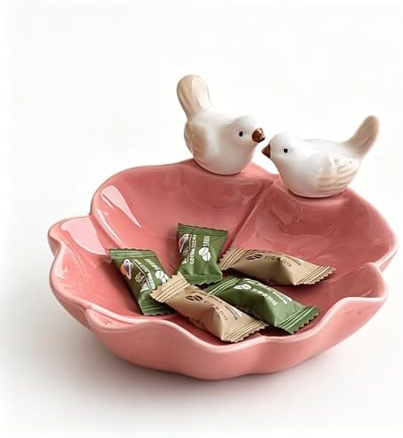 Ceramic Jewelry Tray Trinket Dish, Cute Bird & Lotus Leaf Design, Ring Holder, Seasoning Condiment Dish, Aesthetic Vanity Desk Decor for Bedroom Bathroom (pink) by Qaoliffa
