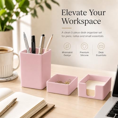 minimaliving Aesthetic Silicone Desk Organizer Set of 3,Modern Office Desk Accessories with Pen Holder,Paperclip Tray,Sticky Note Holder,Stylish Functional Office Desk Decor for Back-to-school(Pink) - Image 2