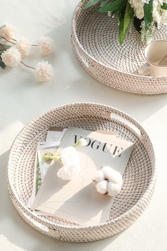 HITOMEN Hand-Woven Round Rattan Serving Tray Decorative Ottoman Wicker Platter with Handles for Coffee Table, Breakfast, Drinks, Snack, Bread, Fruit, Vegetables (Whitewash Set of 2: M+L) - Image 5