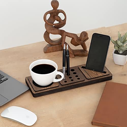 Vigo Wood 3-Compartment Desk Organizer, Vertical Phone Holder Stand, Pen Paperclip Note Storage for Home Office Accessories Small (Walnut) - Image 5
