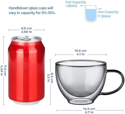 ecooe Black Double Walled Glass Coffee Mug 12 oz Cappuccino Cups Set of 2 - Image 3