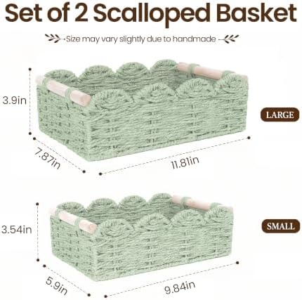 iEGrow Paper Rope Small Storage Baskets for Organizing, Set of 2 Scalloped Edge Wicker Basket with Wooden Handles Toilet Paper Basket for Over Toilet Storage Shelf, Home Decor, Living Room (Green) - Image 2