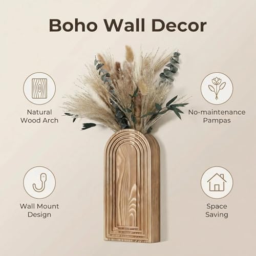 Set of 2 Wooden Wall Vases with Dried Pampas Grass & Eucalyptus, Boho Farmhouse Decor for Living Room, Entryway, Bathroom, Rustic Home Art(Brown) - Image 2