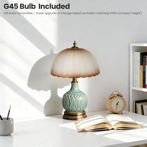 Vintage Green Ceramic Small Table Lamp with Amber Glass Shade - Image 5