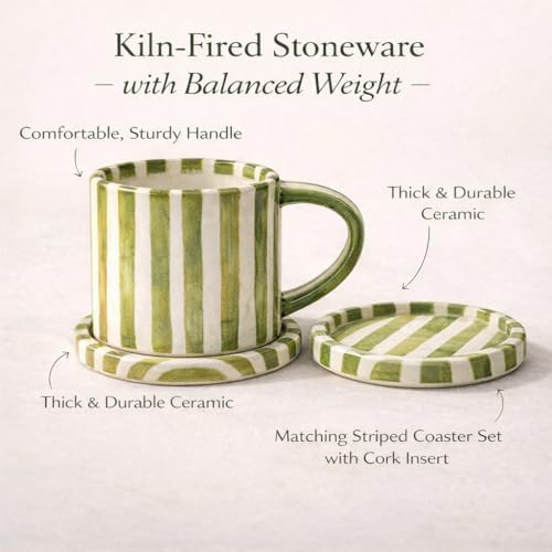 8oz Handmade Ceramic Espresso Mug with Coaster, Speckled Glaze Aesthetic Coffee Cup, Minimalist Striped Cappuccino Flat White Mug, Microwave Safe (green) - Image 3