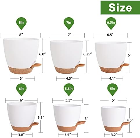 Vanslogreen Flower Pots, 8/7/6.5/6/5.5/5 Inch Self Watering Planters for Indoor Outdoor Plants with Drainage Hole, Plastic Planters for House Plants(White) - Image 4