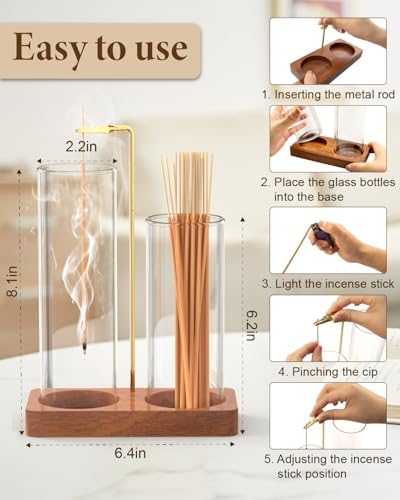 Incense Holder with Glass Jars, 2 in 1 Incense Sticks Holder & Ash Catcher, Upside Down Incense Burner with Storage for Meditation, Yoga, Spa, Home Decor, with 20 Incense Sticks & Brush - Image 2