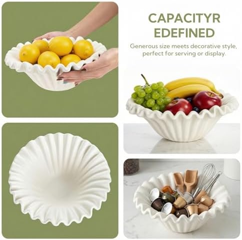 Large Decorative Bowl, 10 Inch White Ceramic Fruit Bowl - Image 4