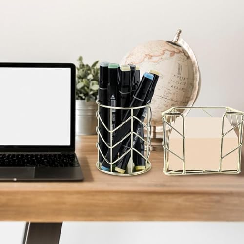 2 Pcs Square Post Note Holder and Circle Pen Holder, Metal suit for Home Office Supplies Workspace School for Desk Organize(Gold) - Image 5