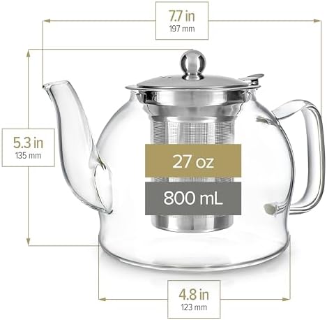 Teabloom Dublin Glass Teapot – Premium Borosilicate Glass with Removable Stainless Infuser – Stovetop Safe – Ideal for Loose Leaf Tea – Tea for Two – 27 oz. / 800 ml (2-3 Cups) - Image 5