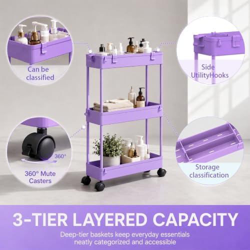 SPACELEAD Slim Storage Cart 3 Tier,Bathroom Organizer Rolling Utility,Mobile Shelving Unit Slide Out for Office, Kitchen, Laundry Room & Narrow Places,Purple - Image 2