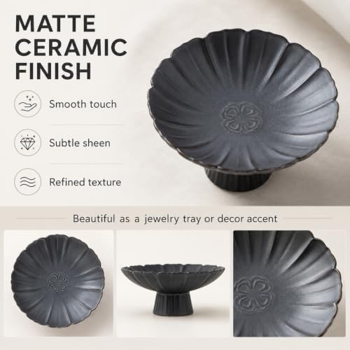 Ceramic Jewelry Dish Tray, Matte Black Lotus Ring Holder with Pedestal Base, Trinket Dish for Rings, Earrings and Necklaces, Vanity Organizer for Dresser, Nightstand or Bathroom, Gift for Women - Image 3