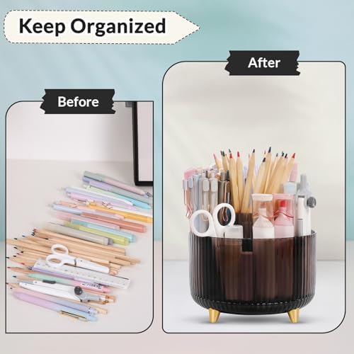 SKYDUE Rotating Pencil Pen Holder, Pen Organizer with 5 Slots - Aesthetic Desk Organizer and Accessories for School, Home, Office Supplies, Clear Black - Image 6