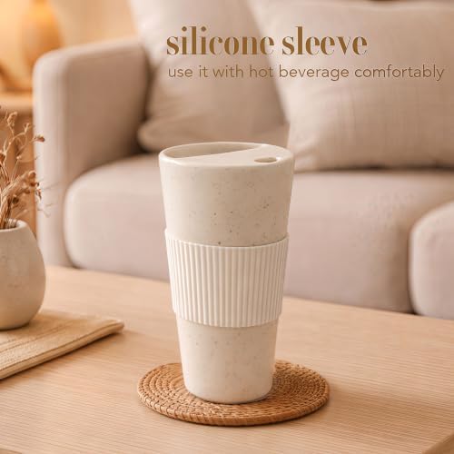 Handmade Ceramic Coffee Mug with Half Lid and Sip Hole, 18oz Tall Travel Coffee Tea Cup with Silicone Sleeve, Pure Ceramic Drinking Tumbler for Home, Office and Daily Commute, Speckle white - Image 2