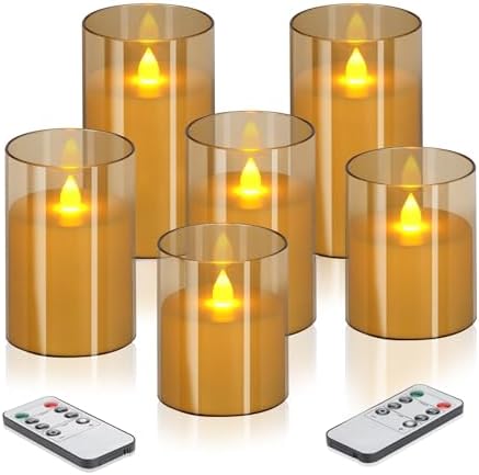 wemarry Flameless Candles 4" 5" 6" Acrylic Glass Pillars 3" Diameter Battery Operated Flickering Candles Include 8-Key Remote with Timer Function 400+ Hours (Amber, Warm Light 6 Pack) by wemarry