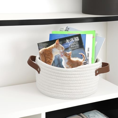 Small Woven Basket, Mini Cotton Rope Storage Basket with Leather Handle - Image 7